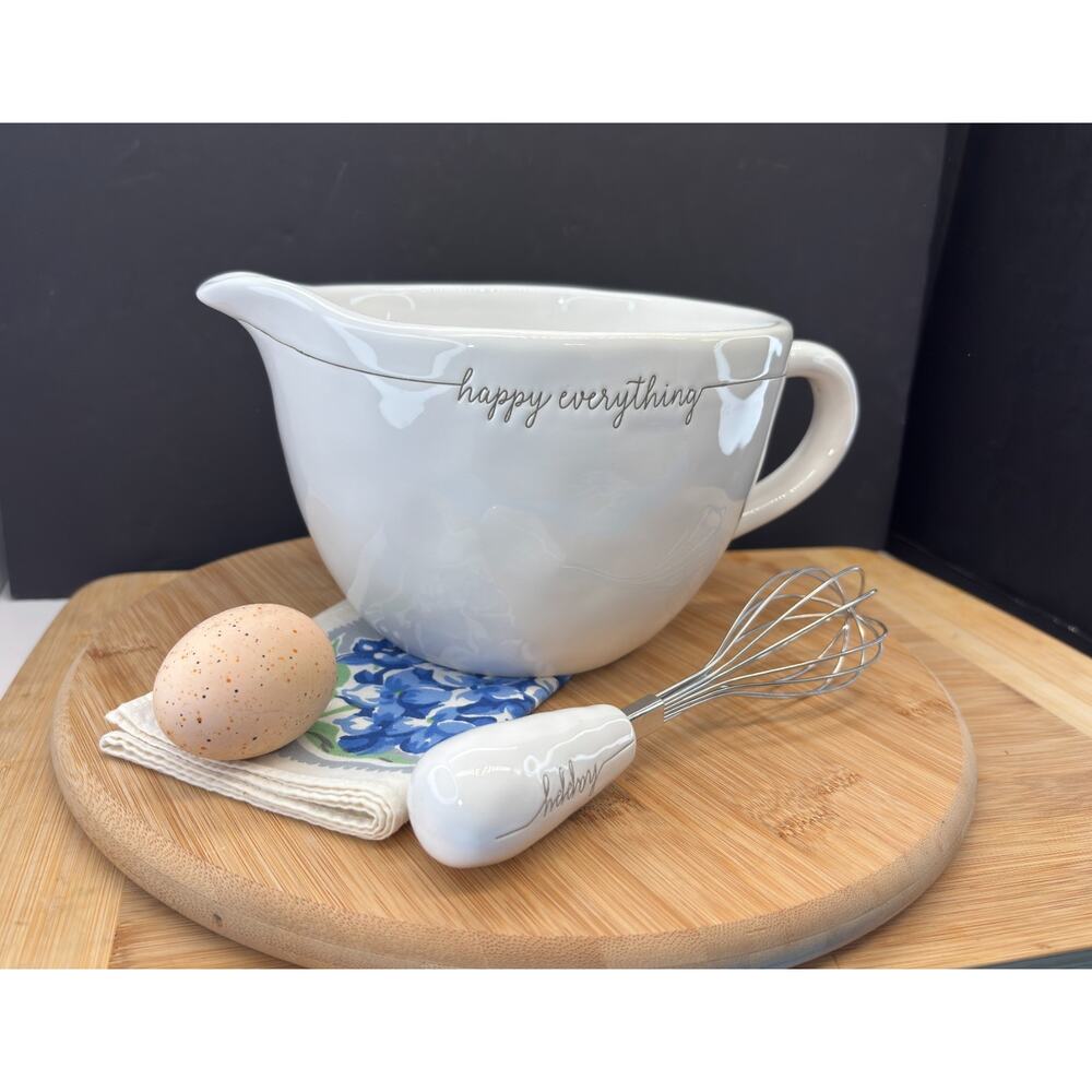 Mud Pie Happy Everything Ceramic Batter Bowl w Whisk White Mixing Bowl Farmhouse